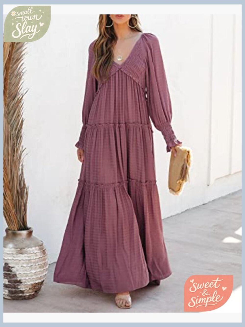 Flowy Maxi Dress Long Sleeve V Neck Empire Waist Ruffle Boho Casual - Picture 4 of 7